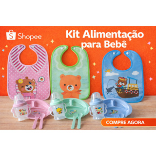 Kit Alimentação Bebê Completo Prato Divisória Copo Bico Mamadeira Talheres Babador c/ Bolso em Oferta na Shopee