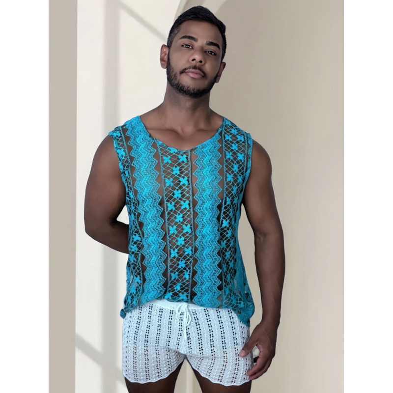 conjunto masculino regata renda com shorts  trico praia conjunto tricô promoção verão
