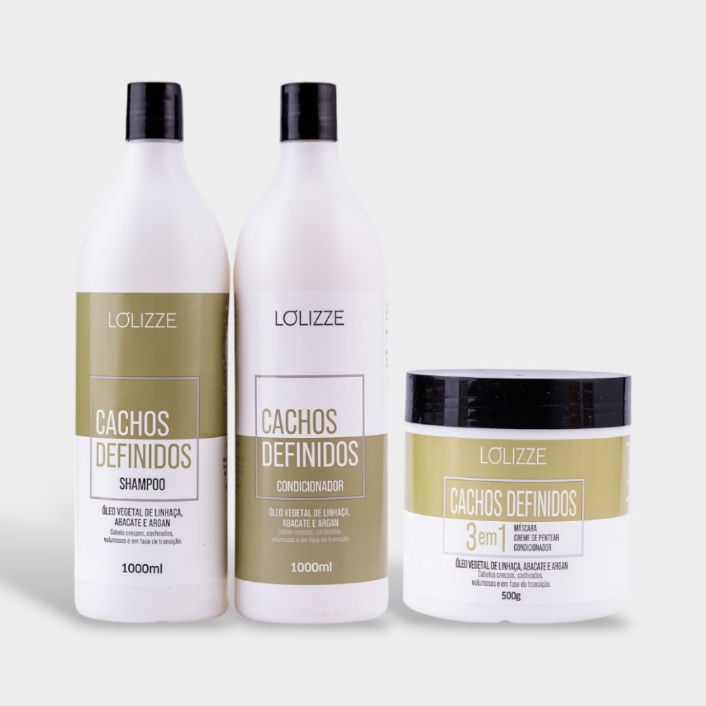 Kit Cachos Definidos Shampoo e Condicionador 1L e Máscara 3 em 1 500g/Cabelos Crespos e Volumosos - Lolizze em Oferta na Shopee