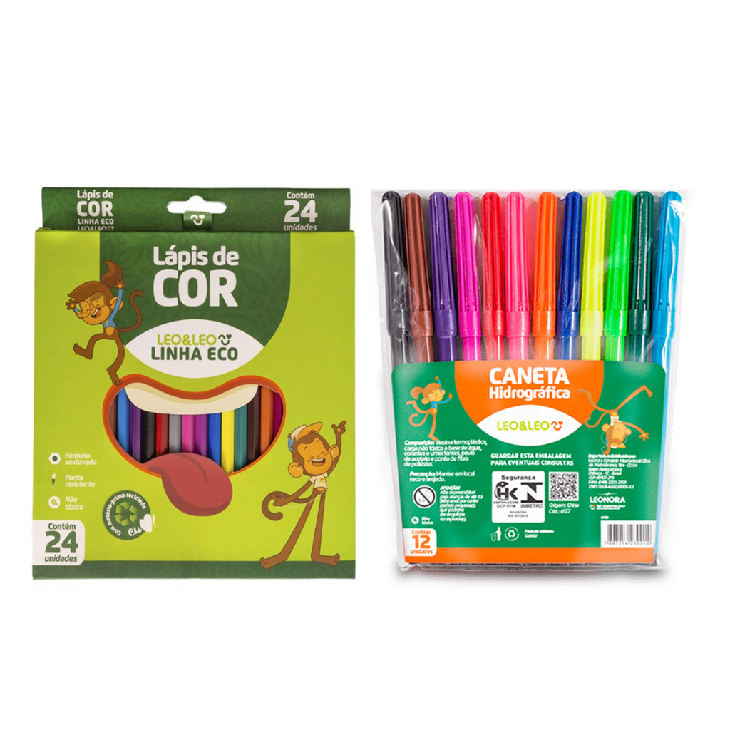 Kit Material Escolar Lápis de Cor 24 Cores + Canetinha 12 Cores - Leo e Leo