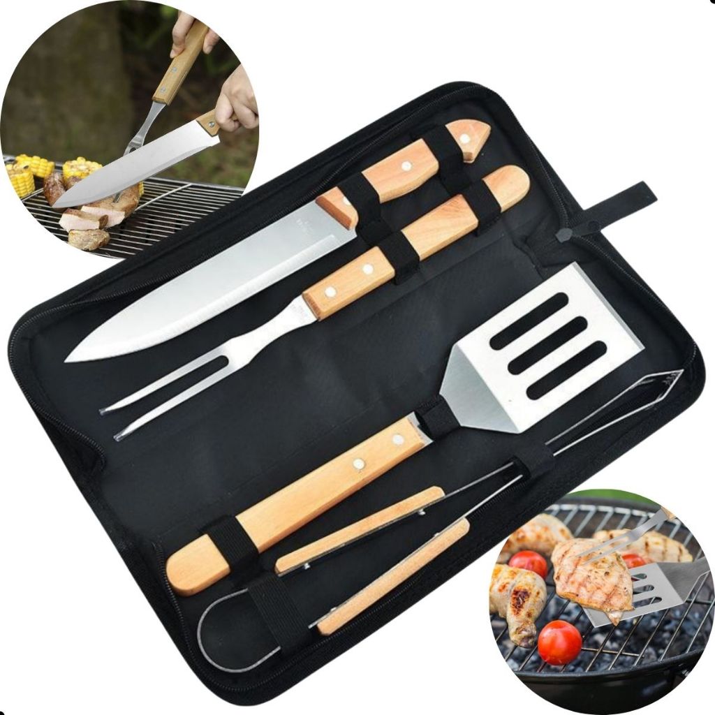 Kit Churrasco 4 Peças Inox Cabo de Madeira – Faca Garfo Pegador Espátula