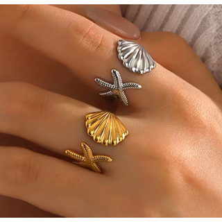 Anel Feminino Ajustável Estrela do Mar e Concha – Dourado/ Anel Praia/ Anel Mar/ Anel Verão/Anel concha