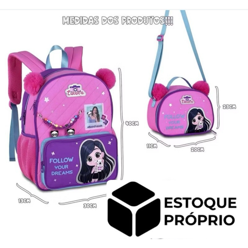 Kit Mochila Carrinho Rodinha Feminina Grande de Rodinhas e Lancheira Infantil Luluca