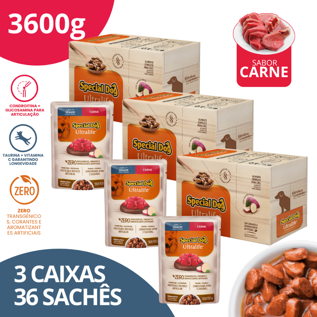 Kit 3 Caixa Sachê Sênior Sabor Carne 100g - Special Dog Ultralife