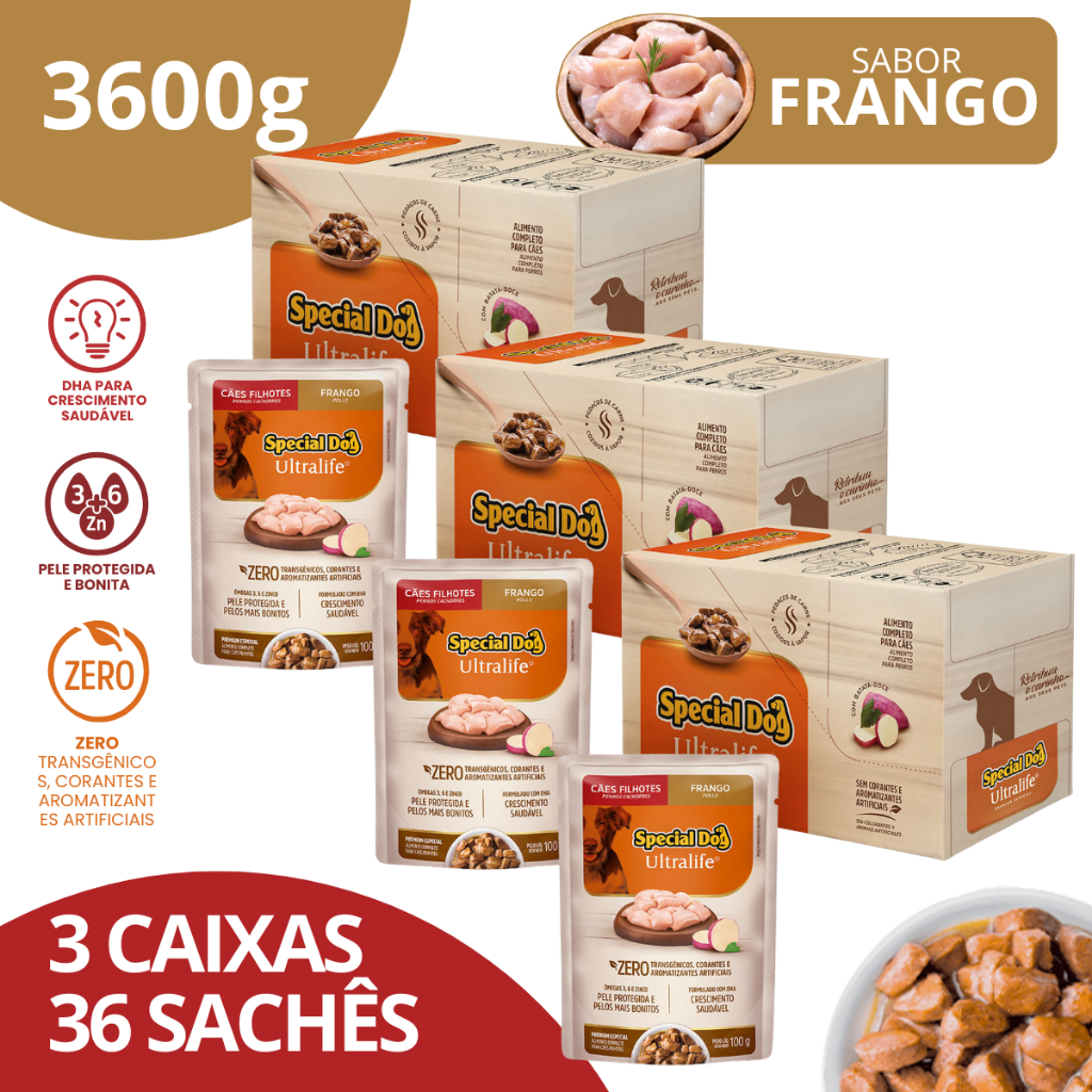 Kit 3 Caixa Sachê Filhotes Sabor Frango 100g - Special Dog Ultralife