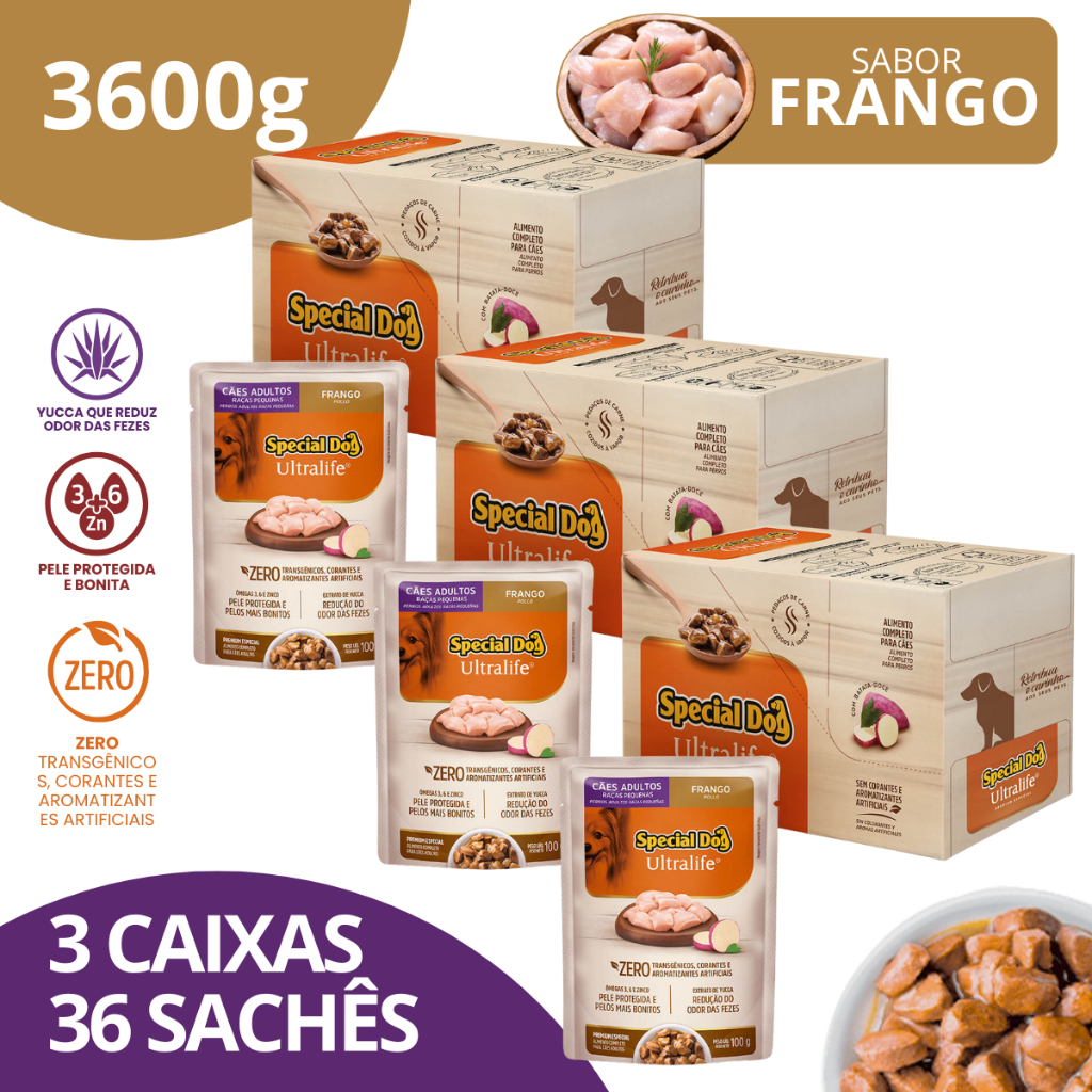 Kit 3 Caixa Sachê Adultos Raças Pequenas Sabor Frango 100g - Special Dog Ultralife