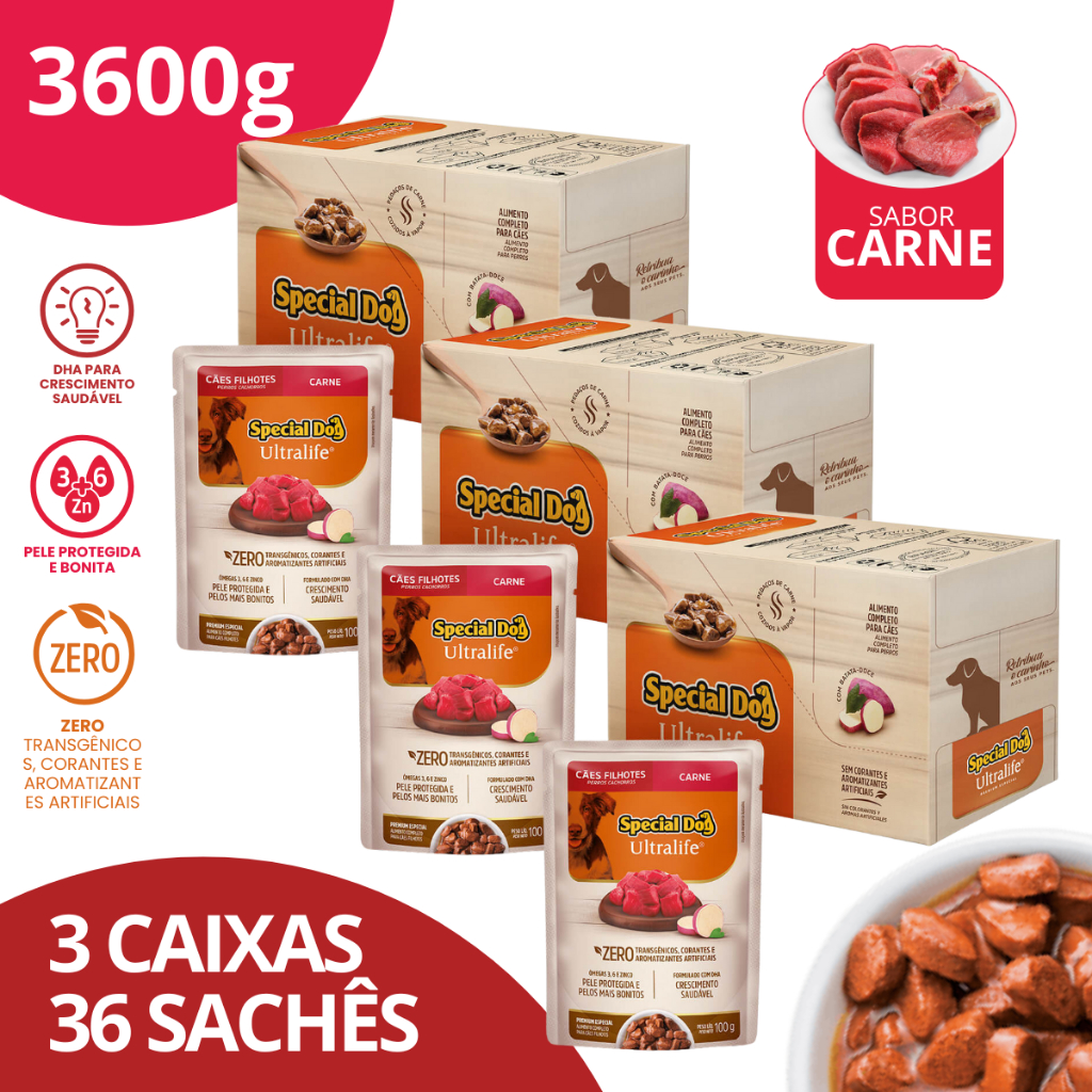 Kit 3 Caixa Sachê Filhotes Sabor Carne 100g - Special Dog Ultralife
