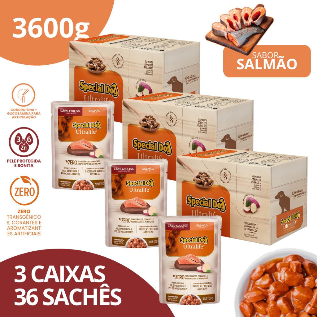 Kit 3 Caixa Sachê Adultos Sabor Salmão 100g - Special Dog Ultralife em Oferta na Shopee
