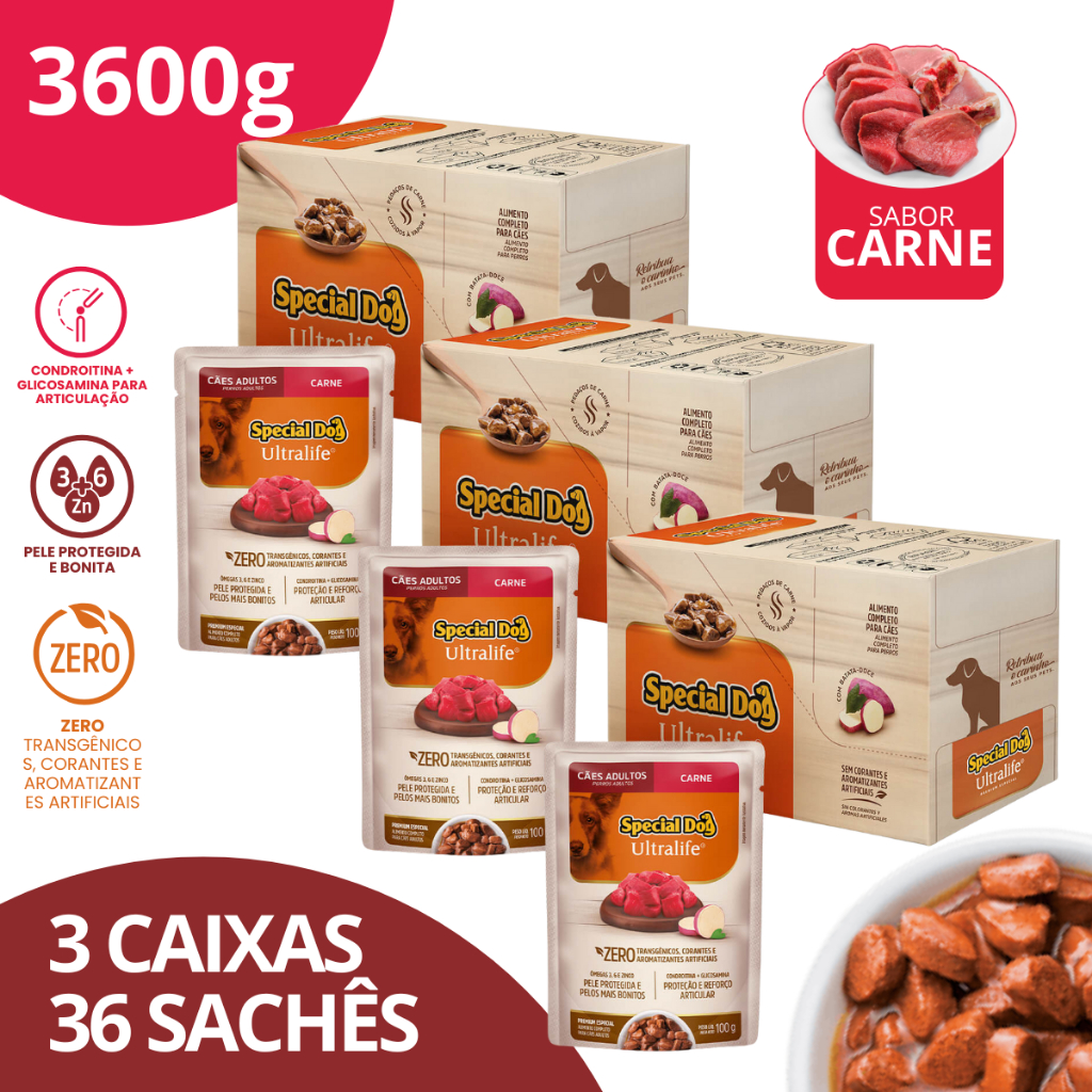 Kit 3 Caixa Sachê Adultos Sabor Carne 100g - Special Dog Ultralife