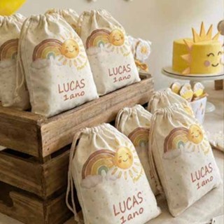 10 Sacolinhas Personalizadas de tecido festa de aniversário Primeira Volta Ao Sol Amarelo em Oferta na Shopee