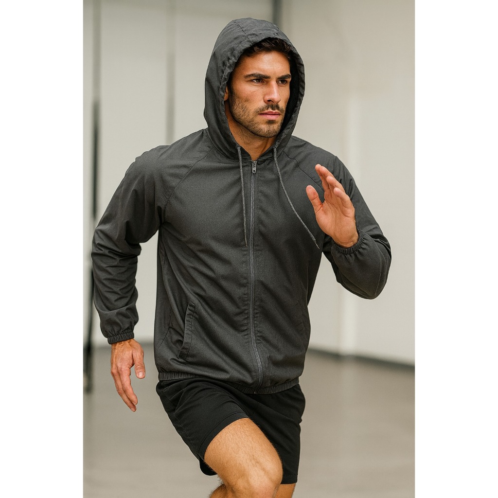 Jaqueta Corta Vento Masculina Academia Esportiva Blusa com Capuz e Zíper Repelente a Água