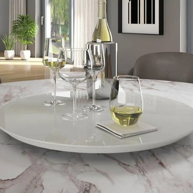 Prato Giratorio Laqueado Com Vidro Centro de Mesa Redondo 70cm Off White