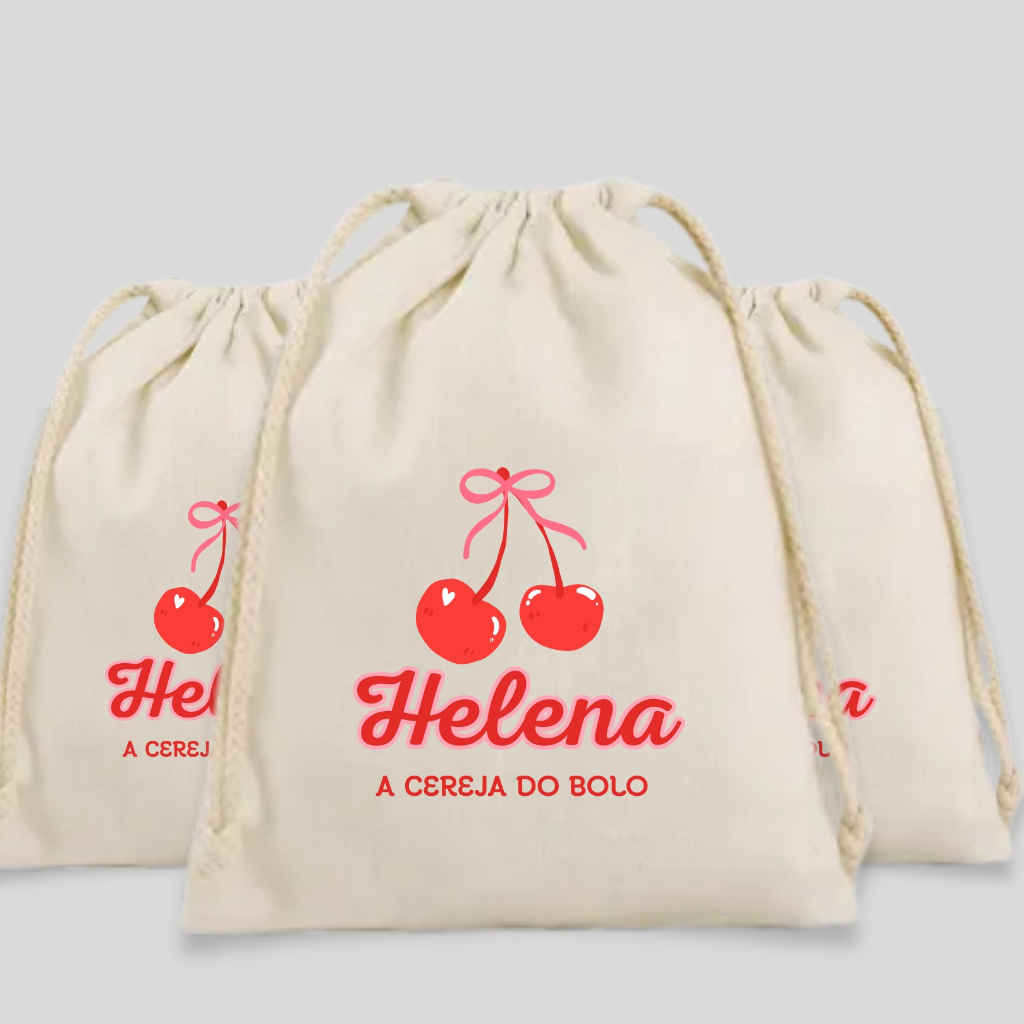 Saquinho Algodão Cru Personalizado Cereja do Bolo Lembrancinha Aniversário Infantil Menina Com Nome Kit Festa Infantil
