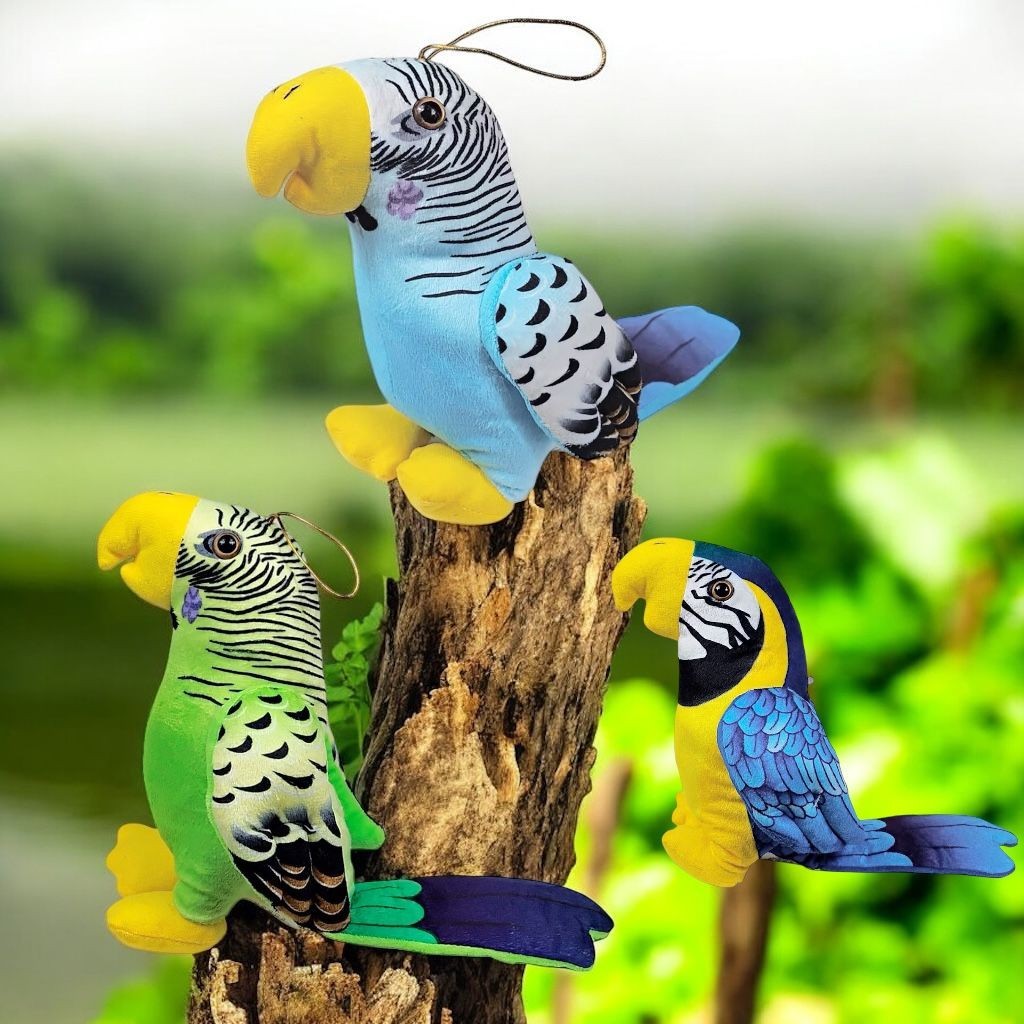 Ave Passaro Pelúcia Arara Desenhada Pequena 22cms - Azul / Verde Com Cordinha - HM TOYS