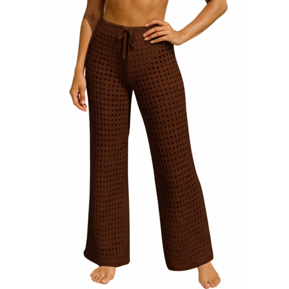 Calça Saída De Praia Com Ajuste Na Cintura Tricot Crochê Pantalona Cintura Alta Feminina Verão