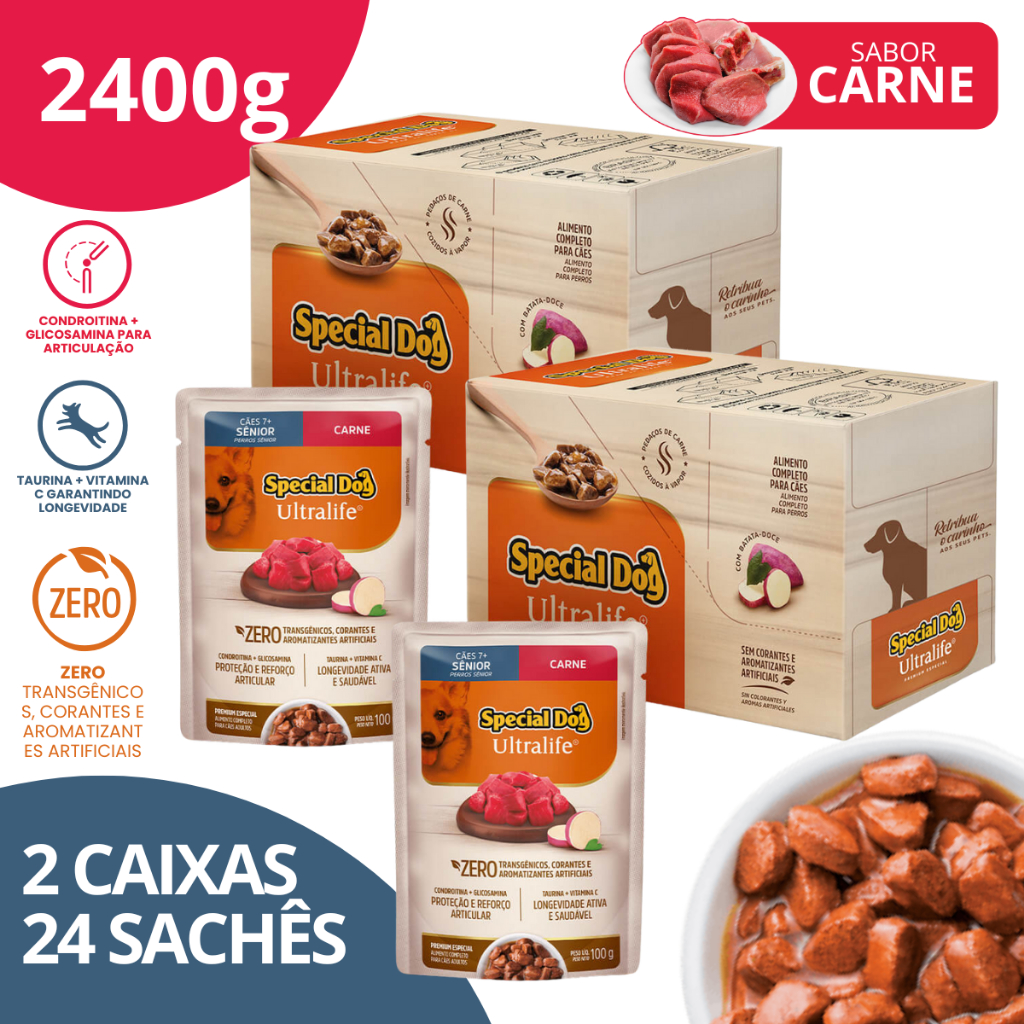 Kit 2 Caixa Sachê Sênior Sabor Carne 100g - Special Dog Ultralife