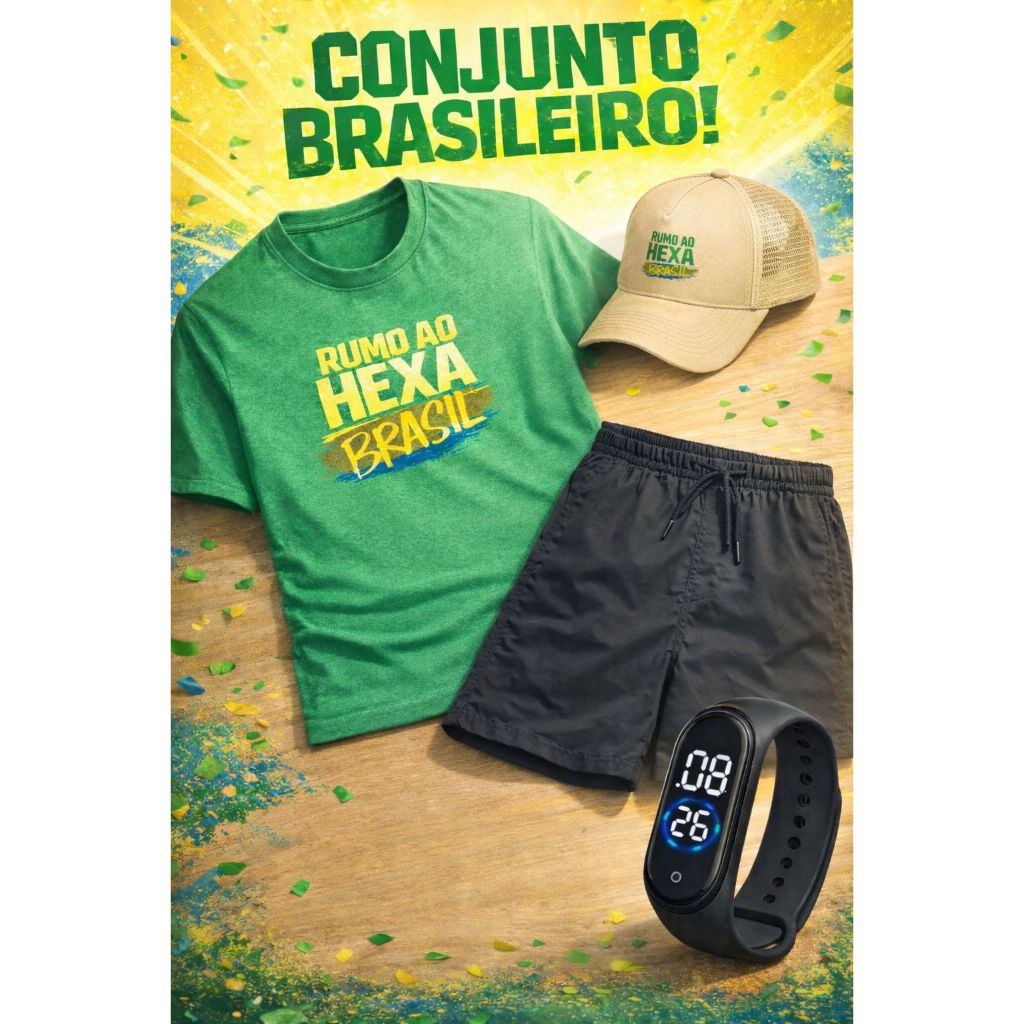 Kit Copa Do Mundo Camisa Seleção Brasil P ao G3 + Boné Hexa + Bermuda + Relógio Digital Plus Size