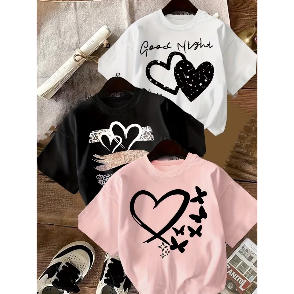 Kit 3 Blusinhas Estampadas Gola Redonda Infantil Coração Delicada Algodão Camisetas Básicas Menina