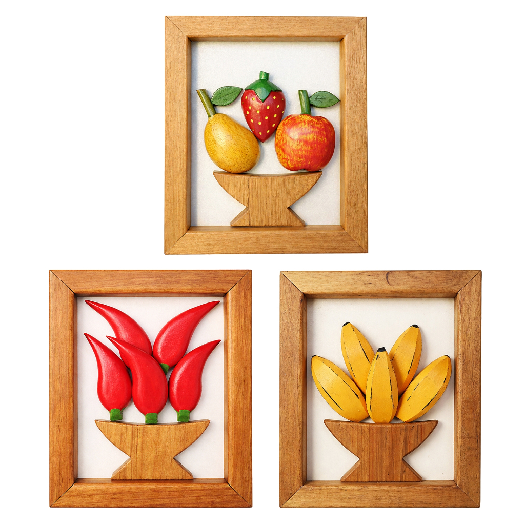 Conjunto Kit Quadro De Banana Pimenta e Frutas 24x20cm Pequeno Escultura Artesanal em Alto...