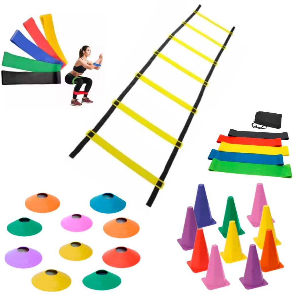 Kit Agilidade Funcional 10 Cones 10 Pratos 1 Escada 7 Degraus Kit Elasticos 5 Mini Bands
