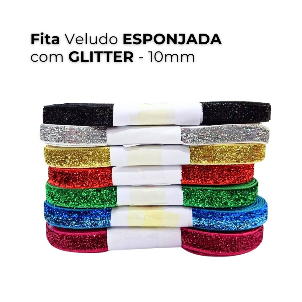 Fita de Veludo ESPONJADA COM GLITTER 10mm (5 metros) - Para Laços, Artesanato e Customização
