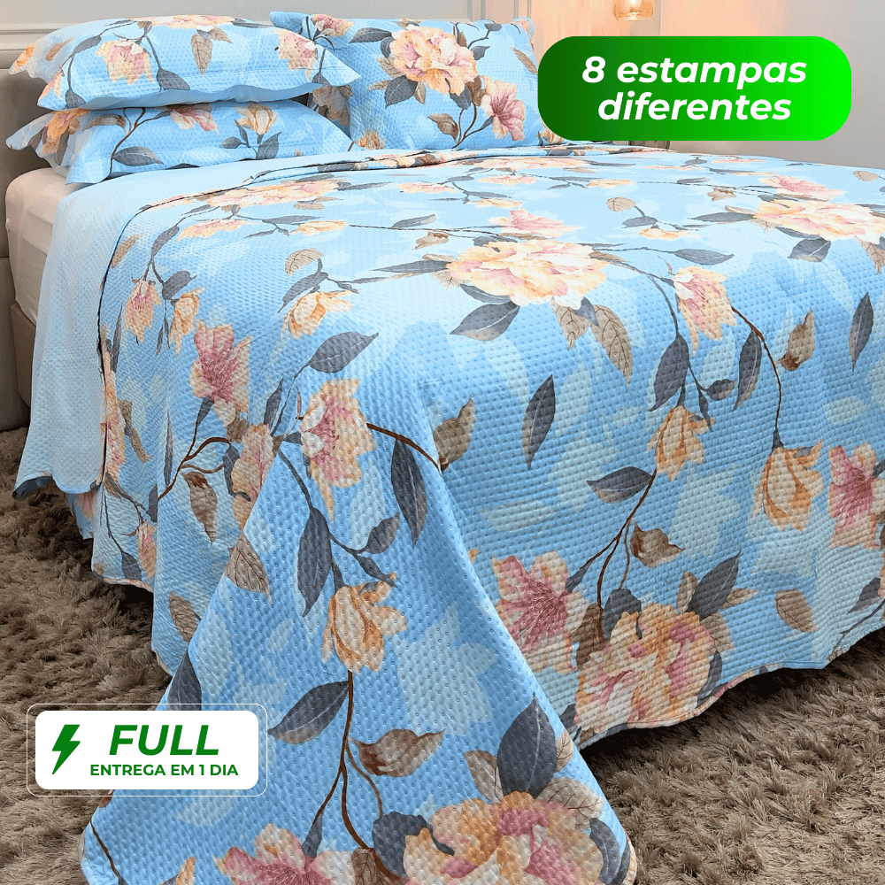 Kit Colcha Cobre Leito King Dupla Face Microfibra Matelado Boutis 3 Peças Estampa Floral Toque Macio em Oferta na Shopee
