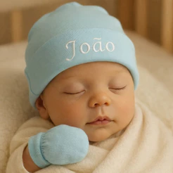 Kit Touca E Luva Personalizada Recém Nascido 100 Algodão Bordado