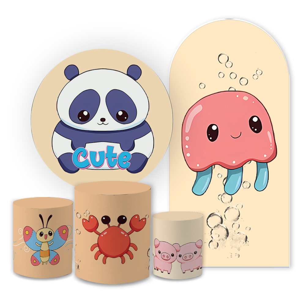 Kit Casadinho Capas De Painel E Cilindro Animais Cute Decoração Festa Infantil Menino E Menina Fofo