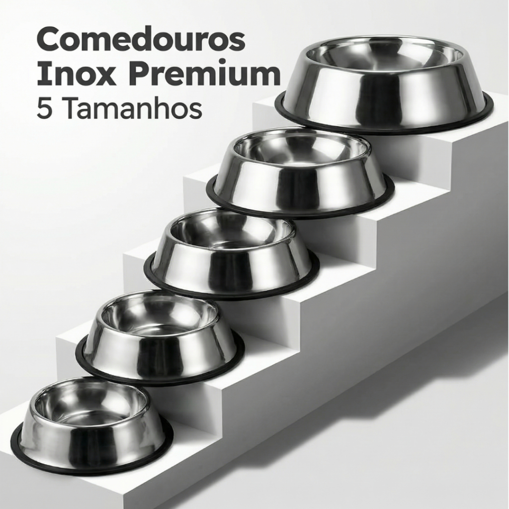 Comedouro ou Bebedouro Inox Para Pet Cachorro Gato e Outros com Base Antiderrapante– 150ml a 1400ml