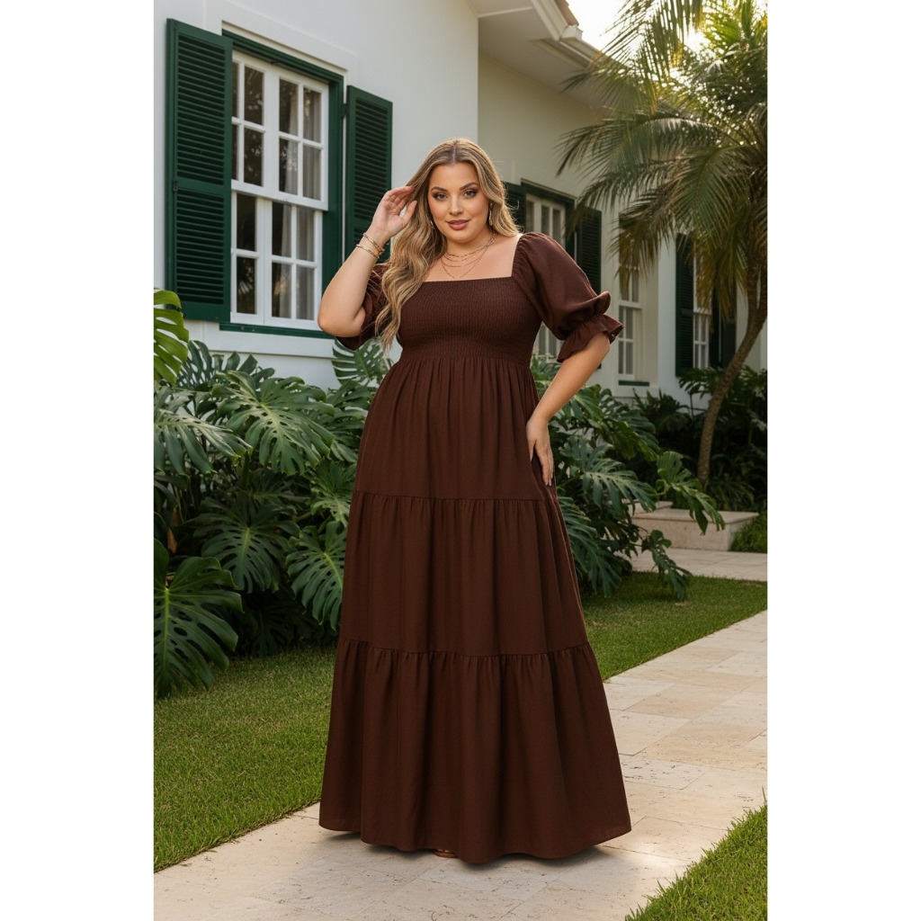 Vestido longo plus size três marias com mangas lastex no corpo e design elegante roupas evangélicas casual chic basic c em Oferta na Shopee
