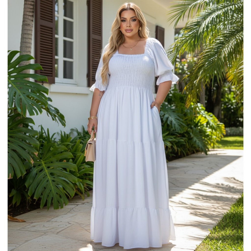 Vestido longo três marias plus size  feminino lastex mangas confortável dia a dia tamanho grande básico festa casamento