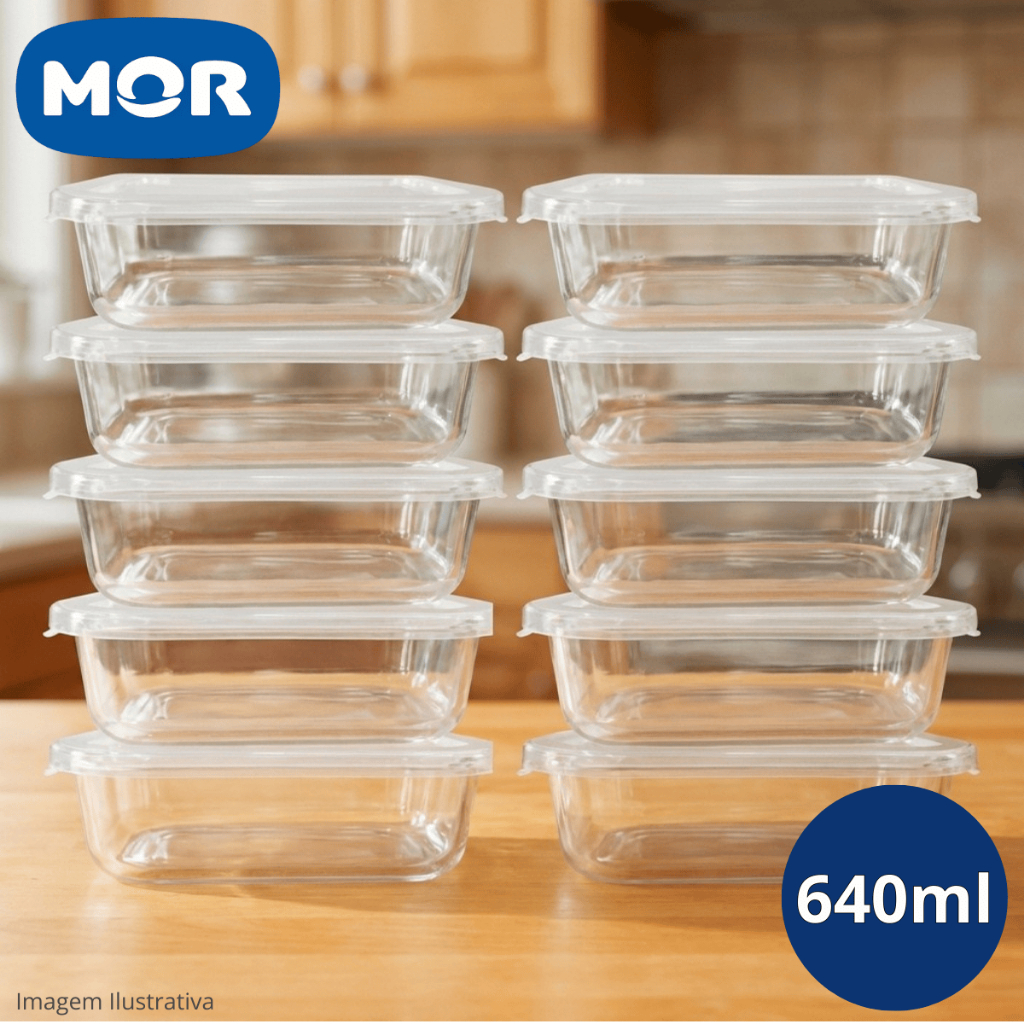 Kit 6/8/10 Potes de Vidro Retangular 640ml Tampa Hermética Mantimentos Alimentos Marmita Mor