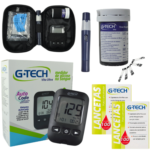Kit Medidor Glicose Gtech 10 Tiras Fitas Monitor Glicemia + 200 Lancetas
