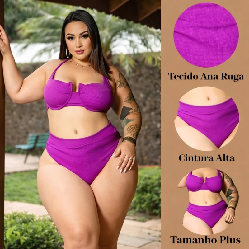 Conjunto De BiquÍni Plus Size Meia Taça com Cintura Alta Amarrações Ajustáveis tecido Ana Ruga — imagem 1