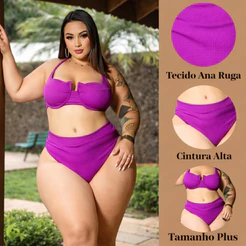 Conjunto De BiquÍni Plus Size Meia Taça com Cintura Alta Amarrações Ajustáveis tecido Ana Ruga