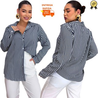 Camisa Listrada Plus Size Feminina Social Elegante Casual com Botões M G GG G1 em Oferta na Shopee