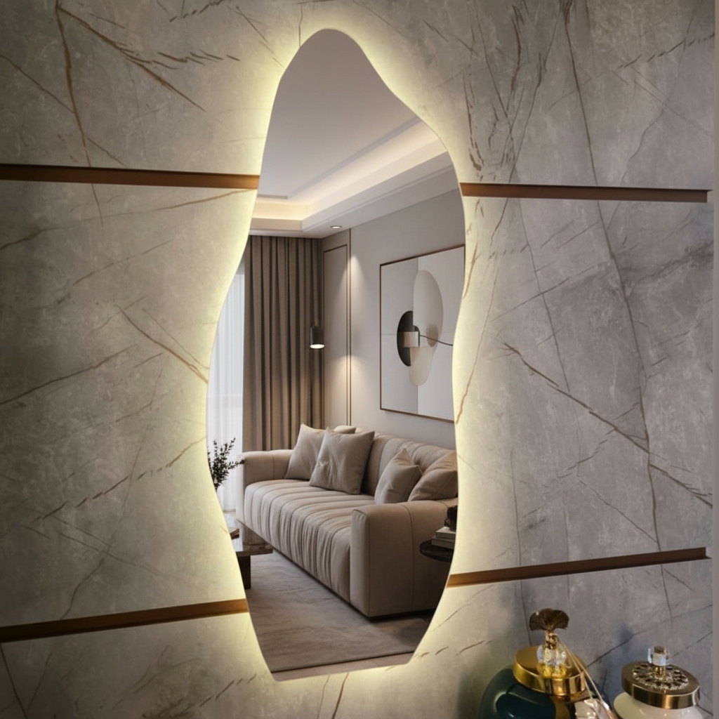 Espelho Flame Com Led 1,20m x 50cm Modelo Orgânico Pinterest CORPO INTEIRO Irregular Decoração de Quarto Banheiro