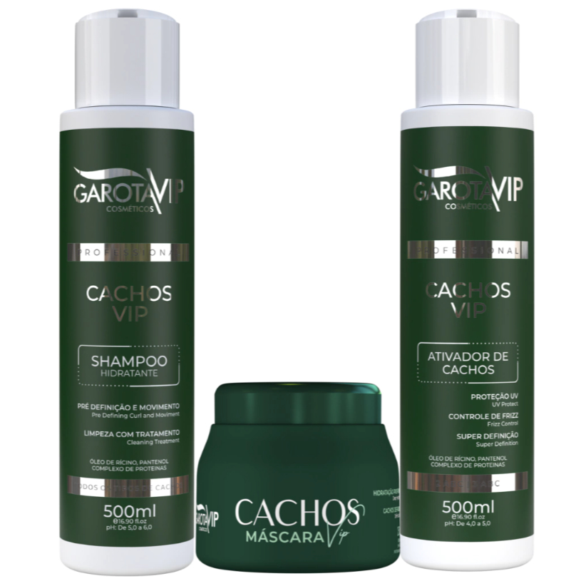 KIT SHAMPOO, ATIVADOR DE CACHOS E MASCARA PARA CABELOS CACHEADOS GAROTA VIP