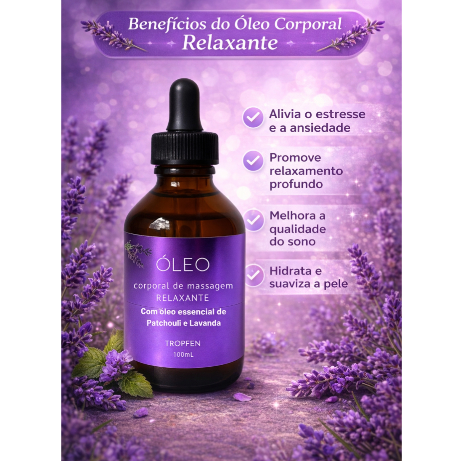Óleo Corporal Relaxante para Massagem com Óleo Essencial Lavanda Aromaterapia 100 mL