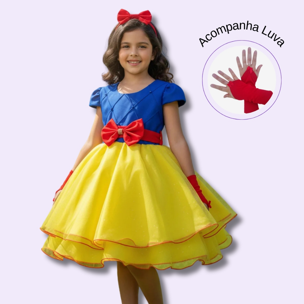 Vestido Infantil E Juvenil  Menina  Branca de Neve Festa Fantasia Curto