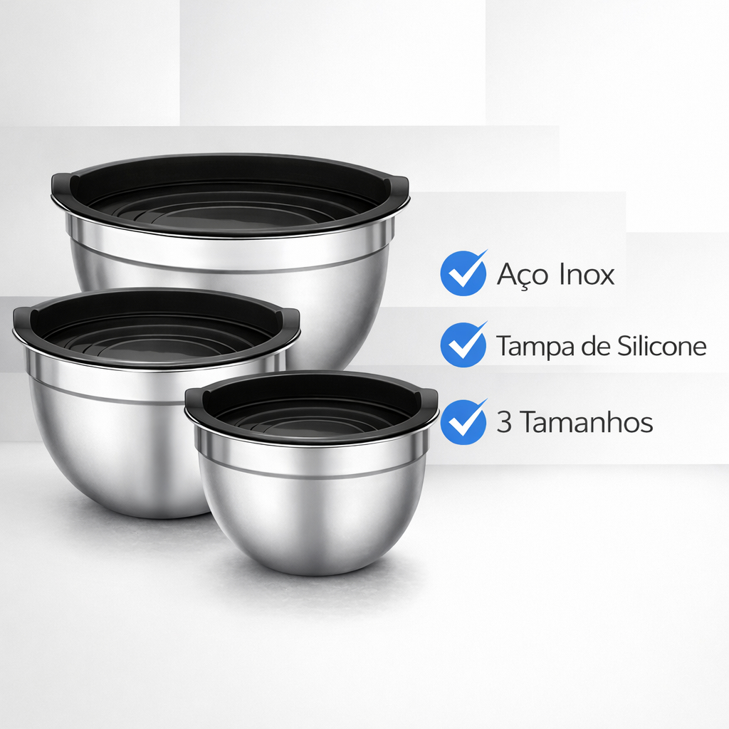 Vittak Kit 3 Bowl Tigela Aço Inox Funda Multiuso Redonda Saladeira Confeitaria Bowls Vasil...