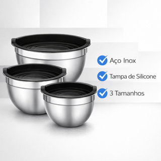 Vittak Kit 3 Bowl Tigela Aço Inox Funda Multiuso Redonda Saladeira Confeitaria Bowls Vasilha Com Tampa em Oferta na Shopee