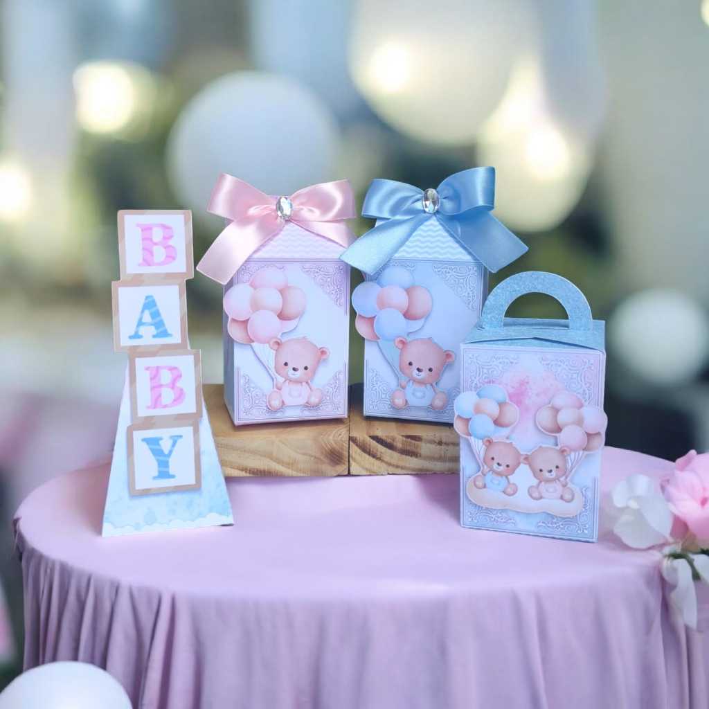 Kit Chá Revelação 2 Ursinhos Azul e Rosa Caixas Personalizadas Lembrancinhas para Festas, Chá de bebê, Chá Revelação