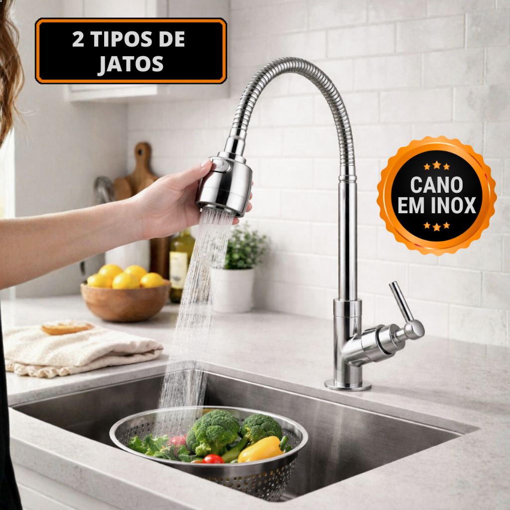 Torneira Gourmet Cozinha Bancada Mesa Flexível 2 Jatos Bica Móvel Inox Cromado Á