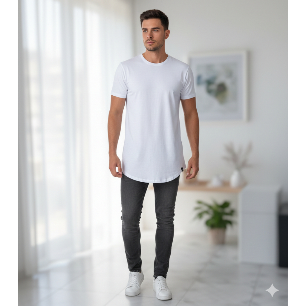 Camiseta Masculina Longline Branca Básica Barra Arredondada Oversized Streetwear Premium