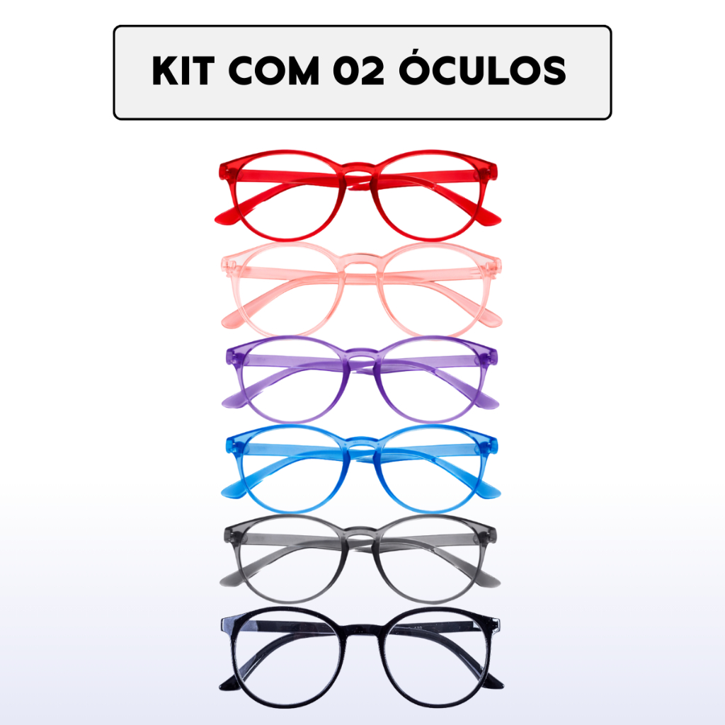 Kit com 02 Óculos de Grau Redondo para Leitura / Trabalho / Descanso Unissex Escolha a Cor e o Grau