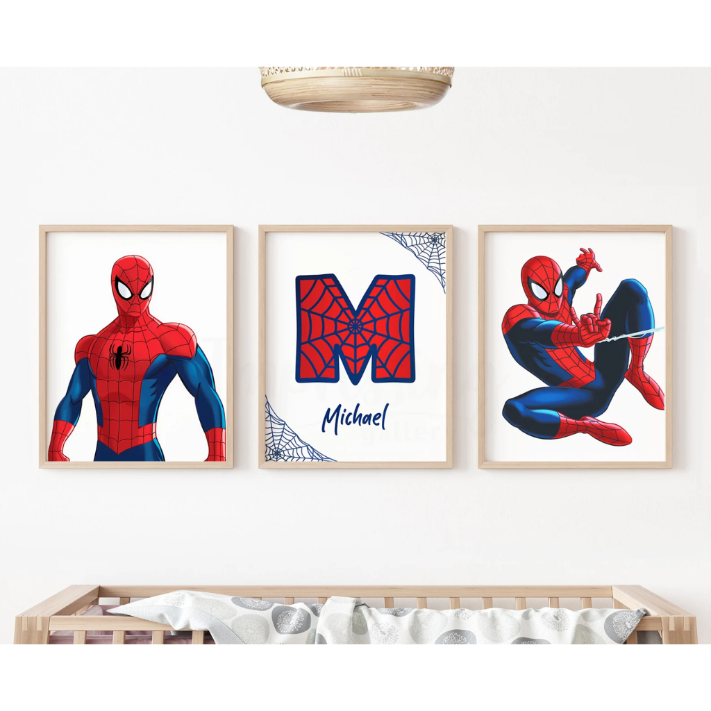 Kit Quadros Decorativos Trio 20x30 Homem Aranha Teia  Super Heroi Nome Personalizado Infantil Menino