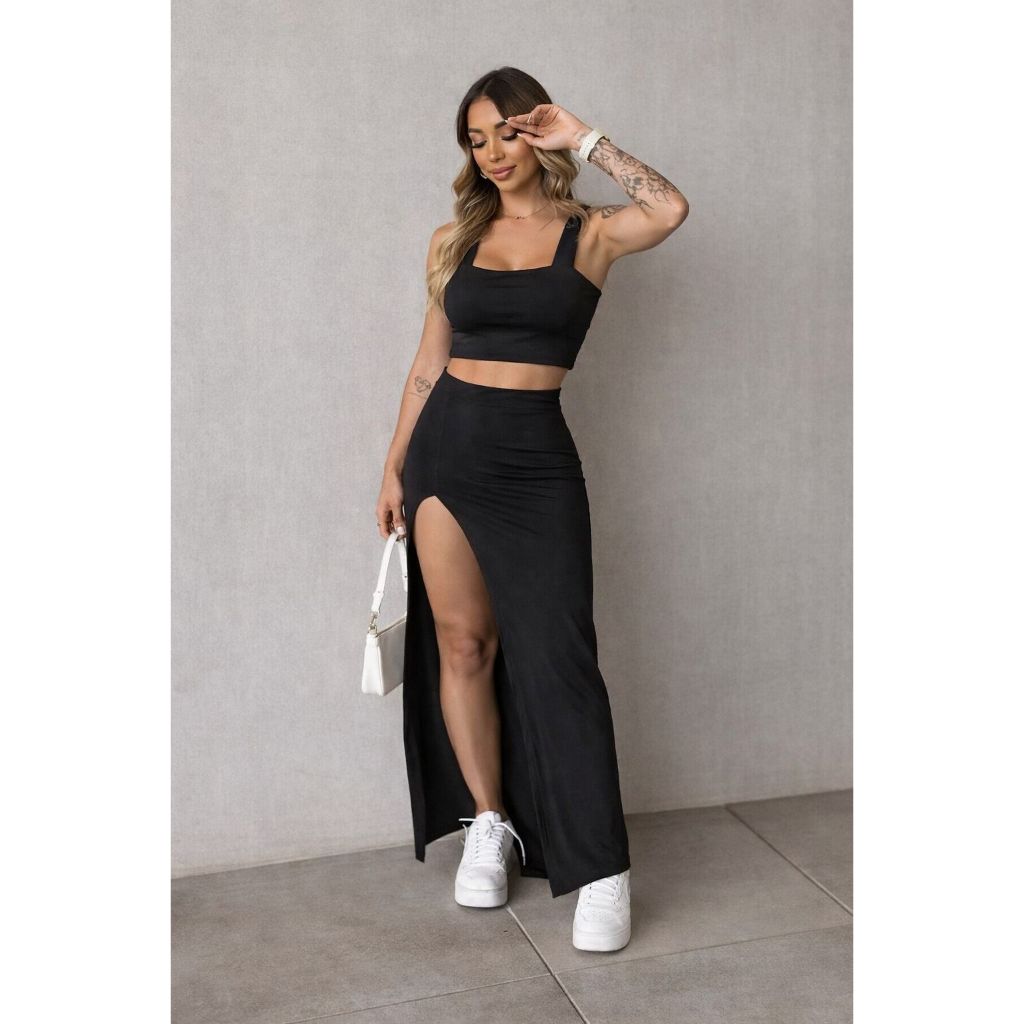 Conjunto de Saia Longa Mid Suplex com Fenda Lateral e Cropped Alça Grossa e Elegante Moda Feminina