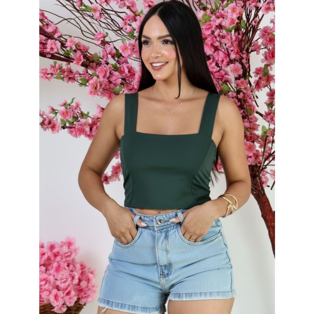 Cropped Top Suplex com Elastano Decote Quadrado Alças Grossa Feminino Slim Fit Duplo Tecido