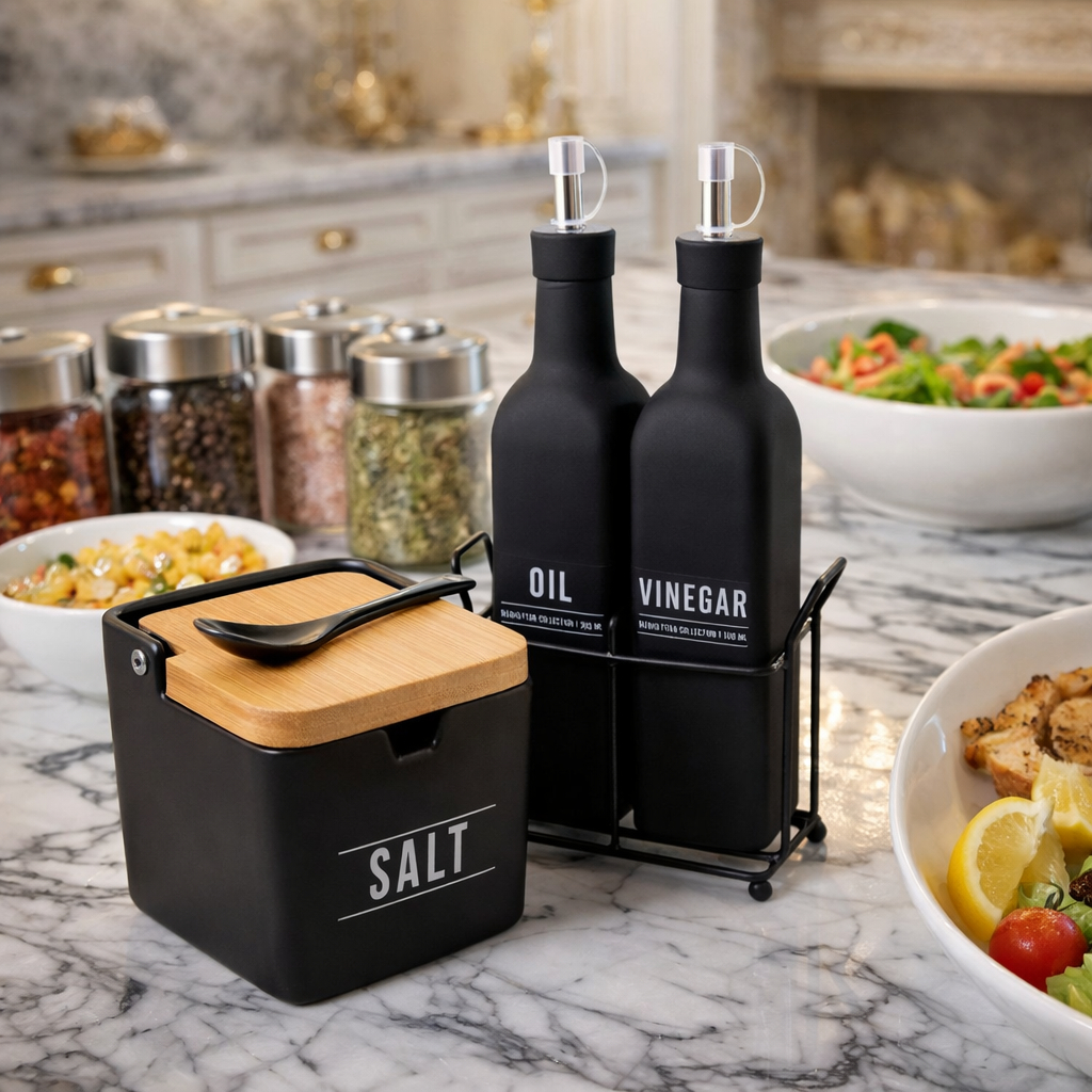 Kit saleiro porcelana com colher + galheteiro 3 peças (vinagreiro, azeiteiro) manhathan preto